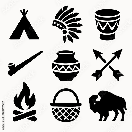 Set of Native American Cultural Symbols in Black Silhouettes on White Background