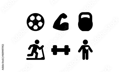 Fitness icon set: soccer, muscle, kettlebell, running, dumbbell, heart health