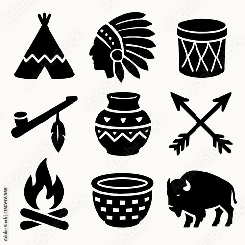Set of Traditional Native American Symbols in Black and White Cultural Icons