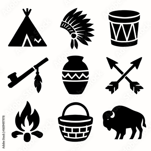 Set of Nine Black Silhouette Native American Cultural Symbols Including Teepee Feathered Headdress Drum Pottery Arrows Campfire Basket Bison