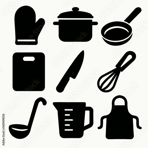 Set of Black Kitchen Utensils and Equipment on White Background