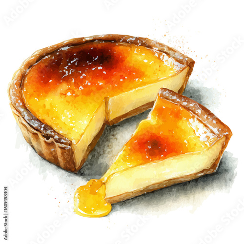 Custard Tart in watercolor style, vector illustration, isolated on white background.