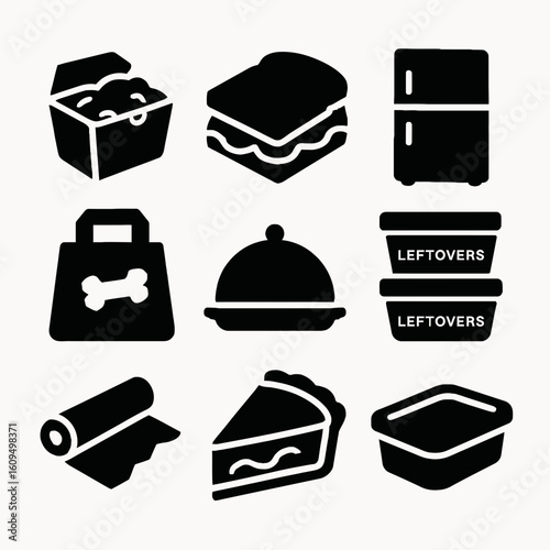 Collection of Black Food Container Icons for Storage and Leftovers