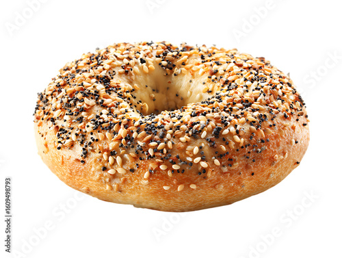 Fresh baked everything bagel with sesame seeds ready for breakfast isolated on white background 