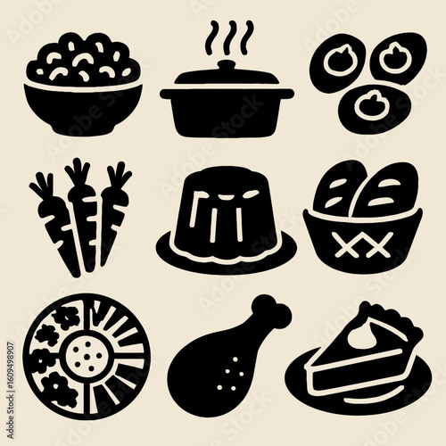 Black Silhouette Food Icons Set Including Vegetables Fruits and Dishes