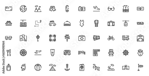 Travel icon set. Minimal vector illustration. Includes symbols for airplane, passport, suitcase, beach, credit card, hotel, map, compass, bus, train and more. Editable stroke design.