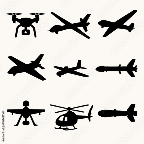Collection of Black Silhouettes of Drones Airplanes Helicopters and Missiles on White Background