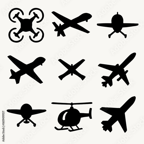 Collection of Black Silhouettes of Different Types of Aircraft and Drones on White Background