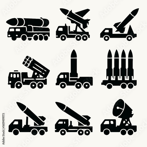 Collection of Black Silhouette Rocket Launch Vehicles and Missiles on White Background