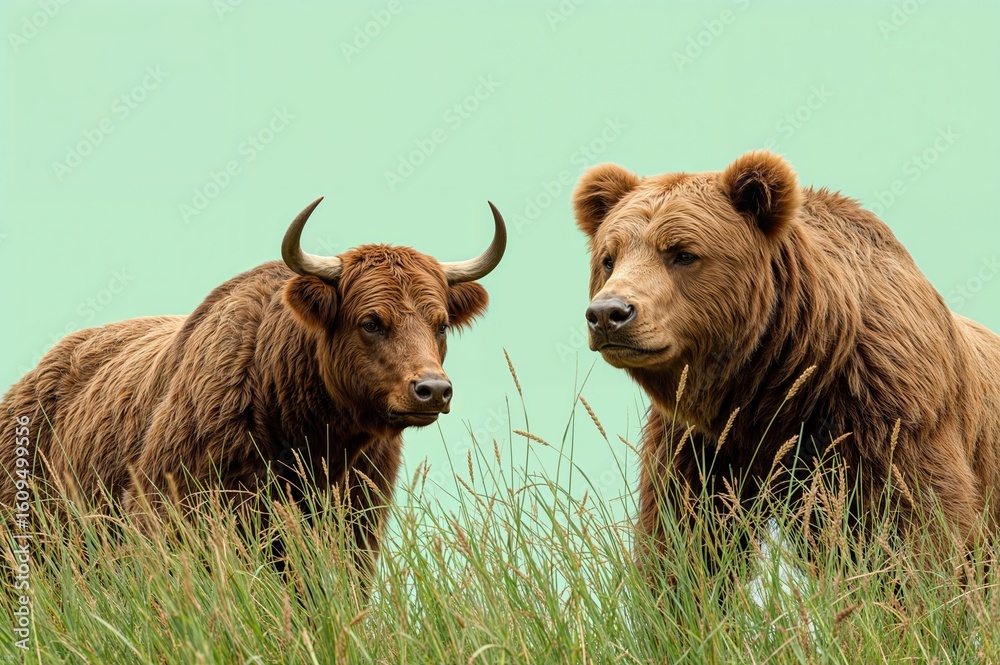 Fototapeta premium Stock market bull versus bear metaphor showing financial market opposing forces perfect for investment trading economic analysis business finance presentations 