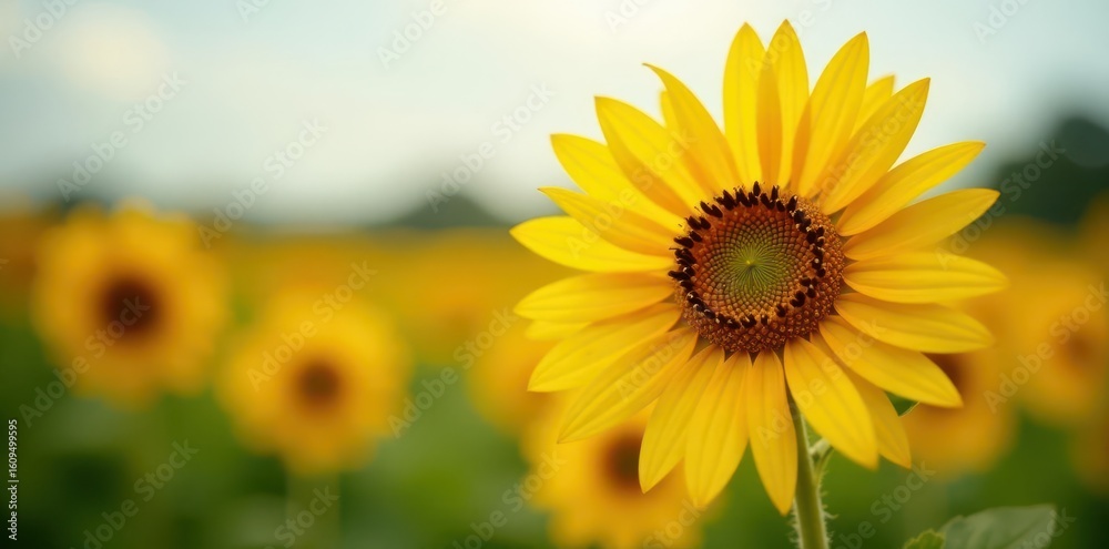 Fototapeta premium Close-up of a single sunflower, artistic focus, yellow hues , seed, bright
