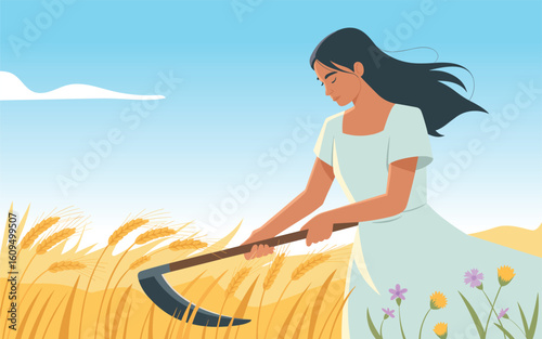 A serene vector illustration of a woman harvesting a golden wheat field with a scythe.