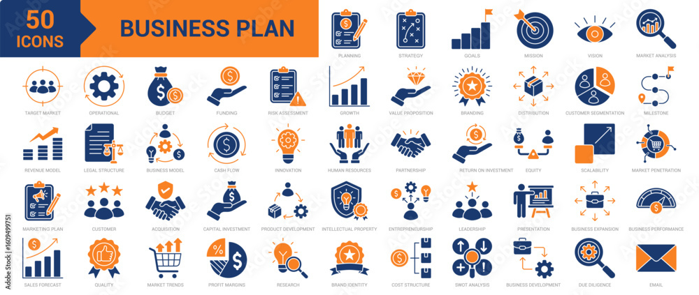 Fototapeta premium Business Plan icon collection set. Containing planning, strategy, vision, mission, goals, branding, distribution, customer segmentation, business expansion, innovation, growth icon. Simple flat vector