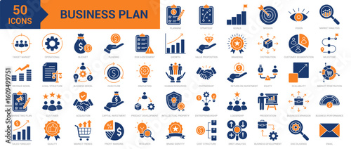 Business Plan icon collection set. Containing planning, strategy, vision, mission, goals, branding, distribution, customer segmentation, business expansion, innovation, growth icon. Simple flat vector
