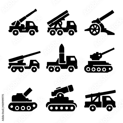 Collection of Black Silhouette Military Weapon Icons on White Background