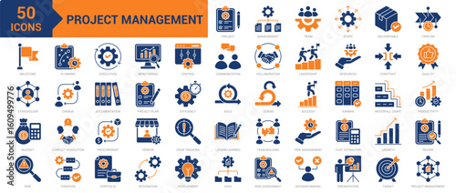 Project Management icon collection set. Containing procurement, productivity, efficiency, leadership, planning, time management, decision-making, stakeholder, control, success icon. Simple flat vector