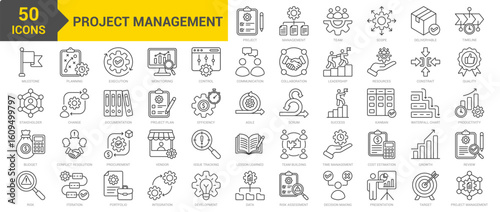 Project Management icon collection set. Containing procurement, productivity, efficiency, leadership, planning, time management, decision-making, stakeholder, control, success icon. Simple line vector