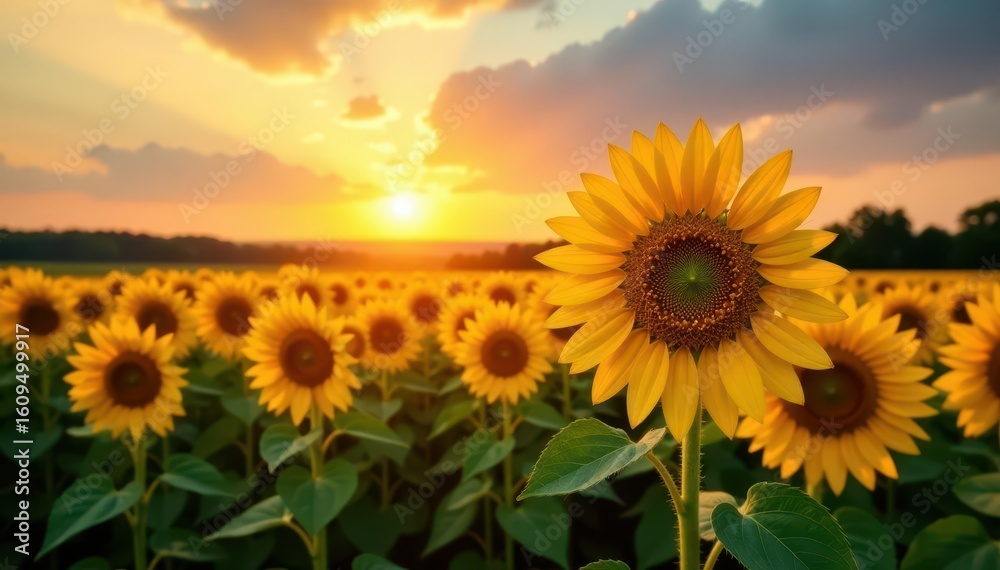 Fototapeta premium Golden hour sun dips behind vast sunflower field, rural landscape, golden hour, countryside, agriculture