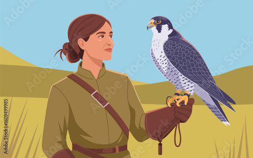 Stylized flat vector illustration of a female falconer holding a peregrine falcon