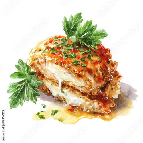 Chicken Parmigiana in watercolor style, vector illustration, isolated on white background.