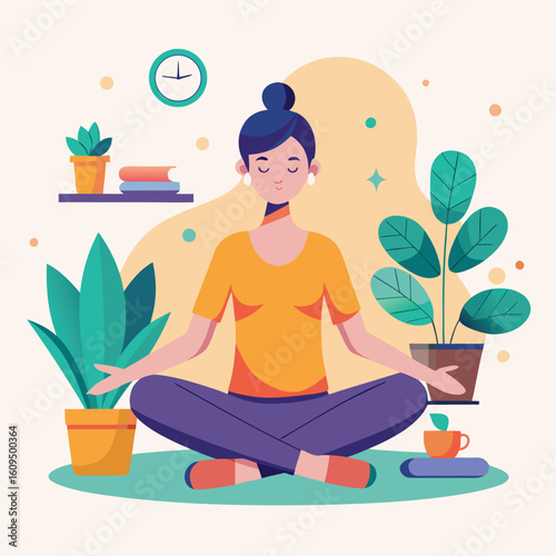 Woman meditating indoors with plants and books yoga relaxation
