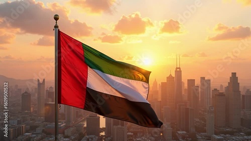 Stunning UAE Flag Waving Proudly at Sunrise Above Modern Cityscape, Bathed in Golden Light and National Colors - A Symbol of Progress and Pride