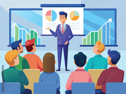 Businessman presenting charts to audience presentation meeting