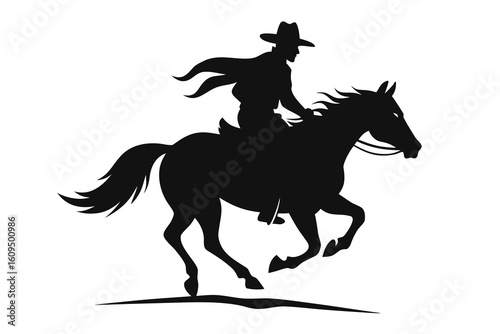 Silhouette of a cowboy riding a galloping horse with a flowing cape