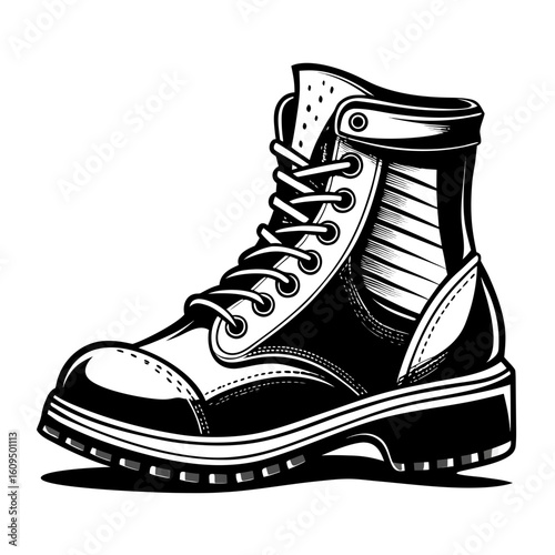 Black and white illustration of a classic combat boot