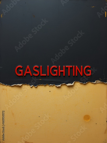 Black surface, with word gaslighting in red. Underneath torn yellow cardboard.