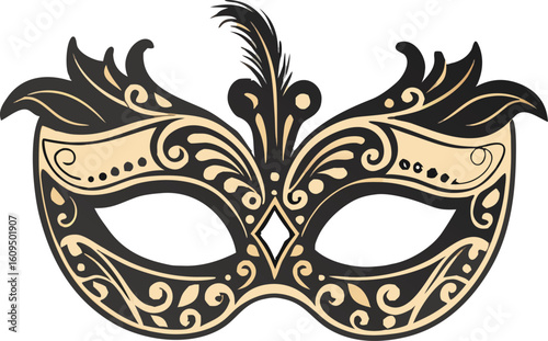 Ornate black and gold masquerade mask with feather vector
