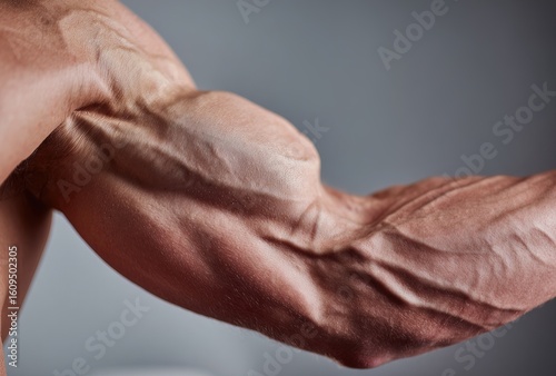 Close-up of a muscular, veiny arm showing defined biceps and triceps against a neutral gray background.