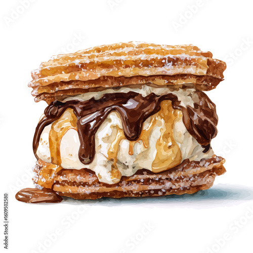 Watercolor vector illustration of Churro Ice Cream Sandwich, isolated on white background.