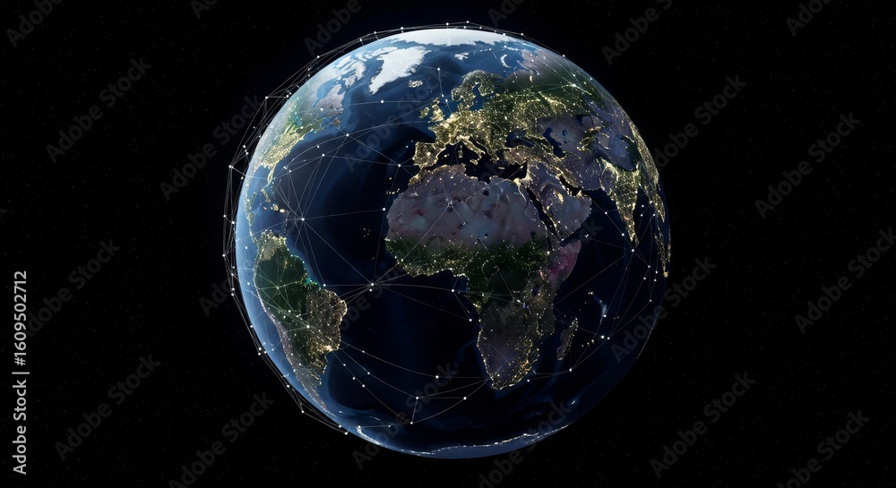 Fototapeta premium Global Network Connections at Night - Earth at night, illuminated cities, interconnected global network, international communication, worldwide technology