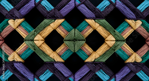 Intricate Geometric Pattern Created with Colorful Interwoven Threads on Dark Backdrop