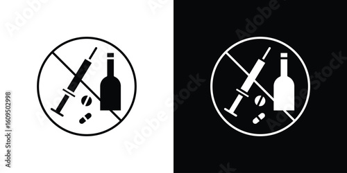 No drugs or alcohol signs. black and white line icons pack.