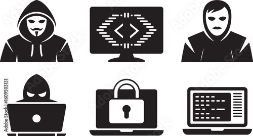 Silhouette Hacker Icons on Transparent Background Vector Illustration Cyber Security