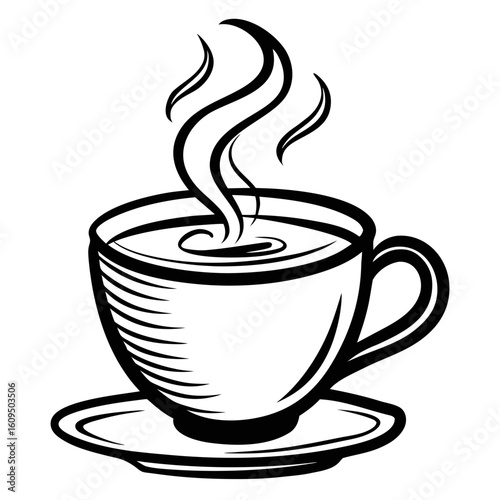 Steaming cup of coffee on a saucer