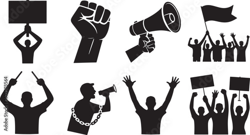 Silhouette Protesters with Signs and Megaphones Vector Illustration on Transparent Backdrop