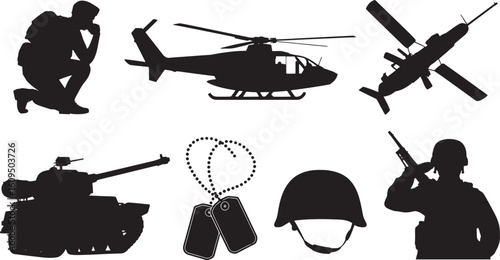 Military Silhouette Collection Army Soldier Tank Helicopter Dog Tags Helmet Vector Graphic