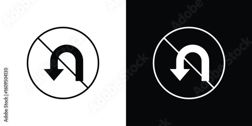 No u turn road signs. black and white line icons pack.