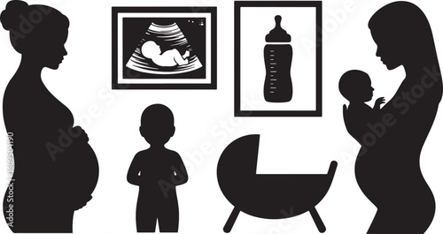 Pregnancy and Newborn Black Silhouettes of Pregnant Women, Baby Items, and Ultrasound on Clear