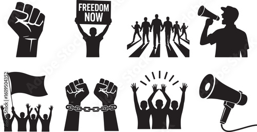 Protest Demonstration Silhouette Vector Illustration. Freedom, Justice, Activism, Revolution