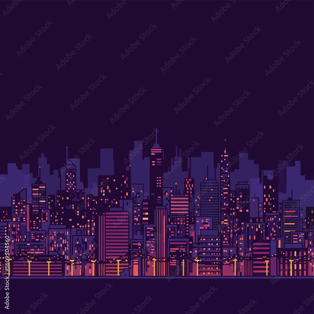 Naklejka premium Vibrant pixel art illustration of a city skyline at night with glowing purple and pink lights.