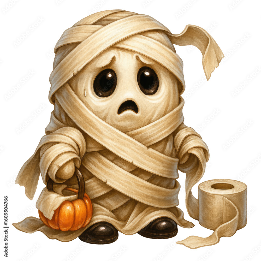 Fototapeta premium Cute sad mummy wrapped beige bandage holding pumpkin and toilet