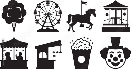 Amusement Park Black Silhouettes of Ferris Wheel, Carousel, and Carnival Elements on Clear