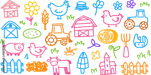 A collection of farm life theme hand-drawn colorful doodles. Vector whimsical elements for print.