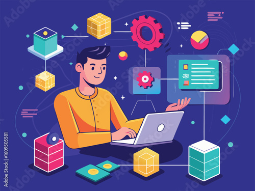Man coding blockchain smart contract with laptop and data blocks vector