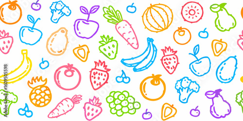 A collection of fruits and vegetables theme hand-drawn colorful doodles. Vector whimsical elements for print.