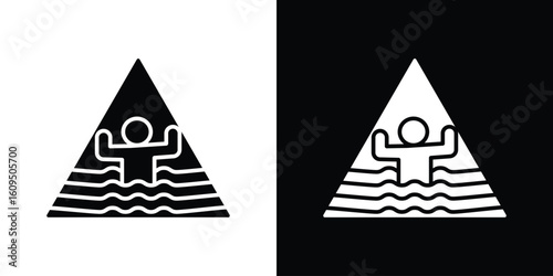 Risk of drowning warning signs. black and white line icons pack.